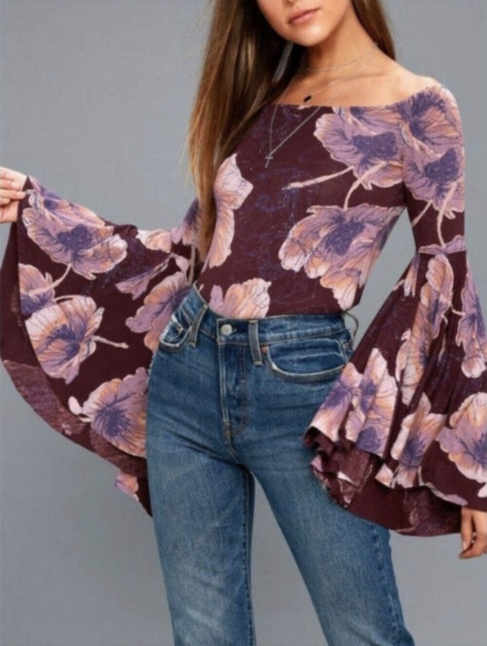 Free People Birds Of Paradise Large Blouse Whimsigoth Gothic Boho Floral Purple - Picture 4 of 11